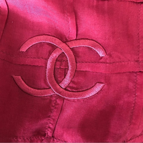 Chanel 100% silk sheer long maroon red scarf grid pattern cc logo chic - Picture 6 of 6